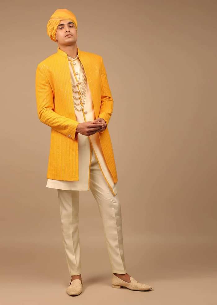 Yellow Sherwani With Lucknowi Work and Asymmetric Hemline