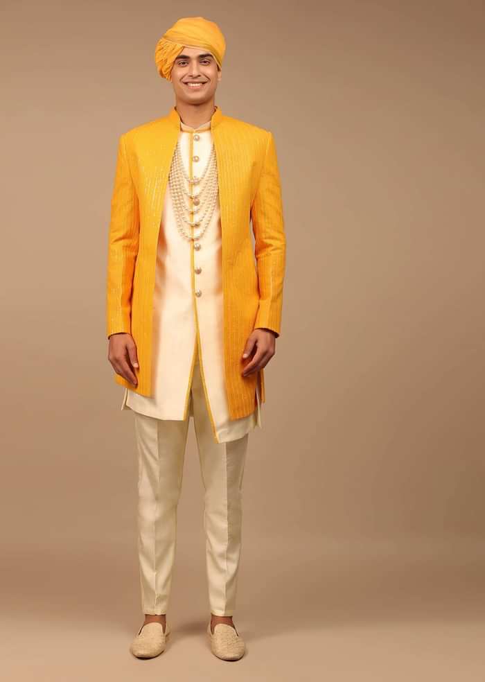 Yellow Sherwani With Lucknowi Work and Asymmetric Hemline