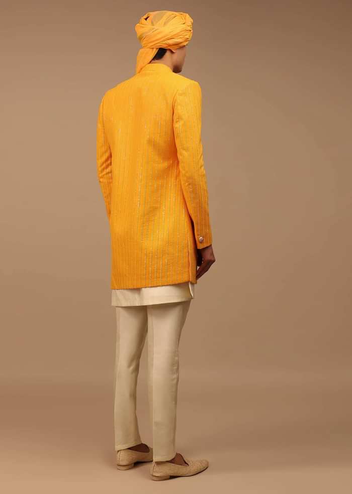 Yellow Sherwani With Lucknowi Work and Asymmetric Hemline