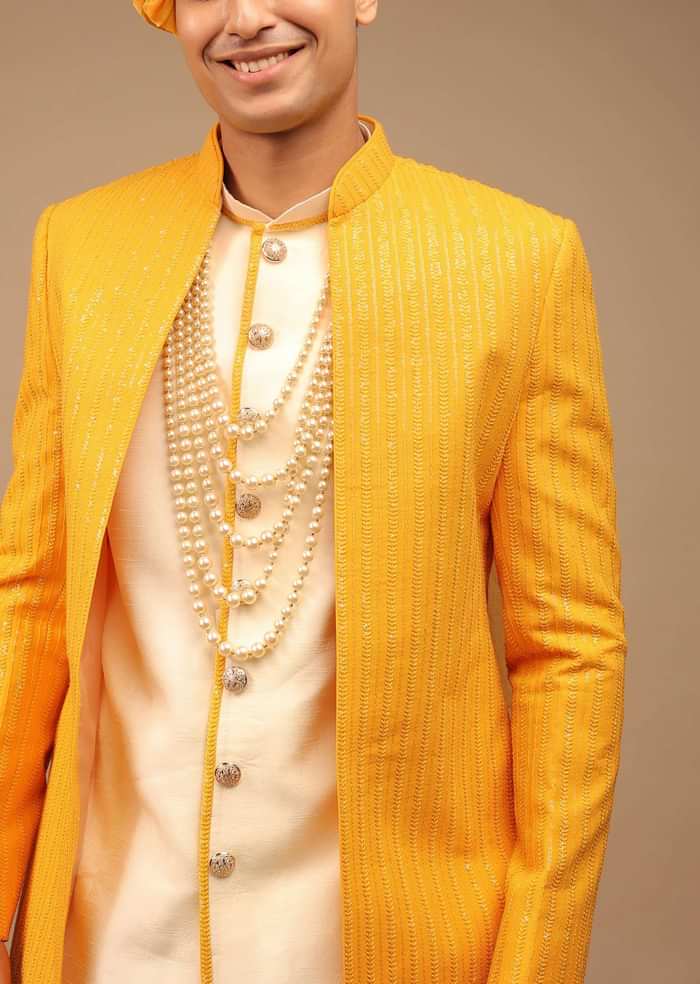 Yellow Sherwani With Lucknowi Work and Asymmetric Hemline