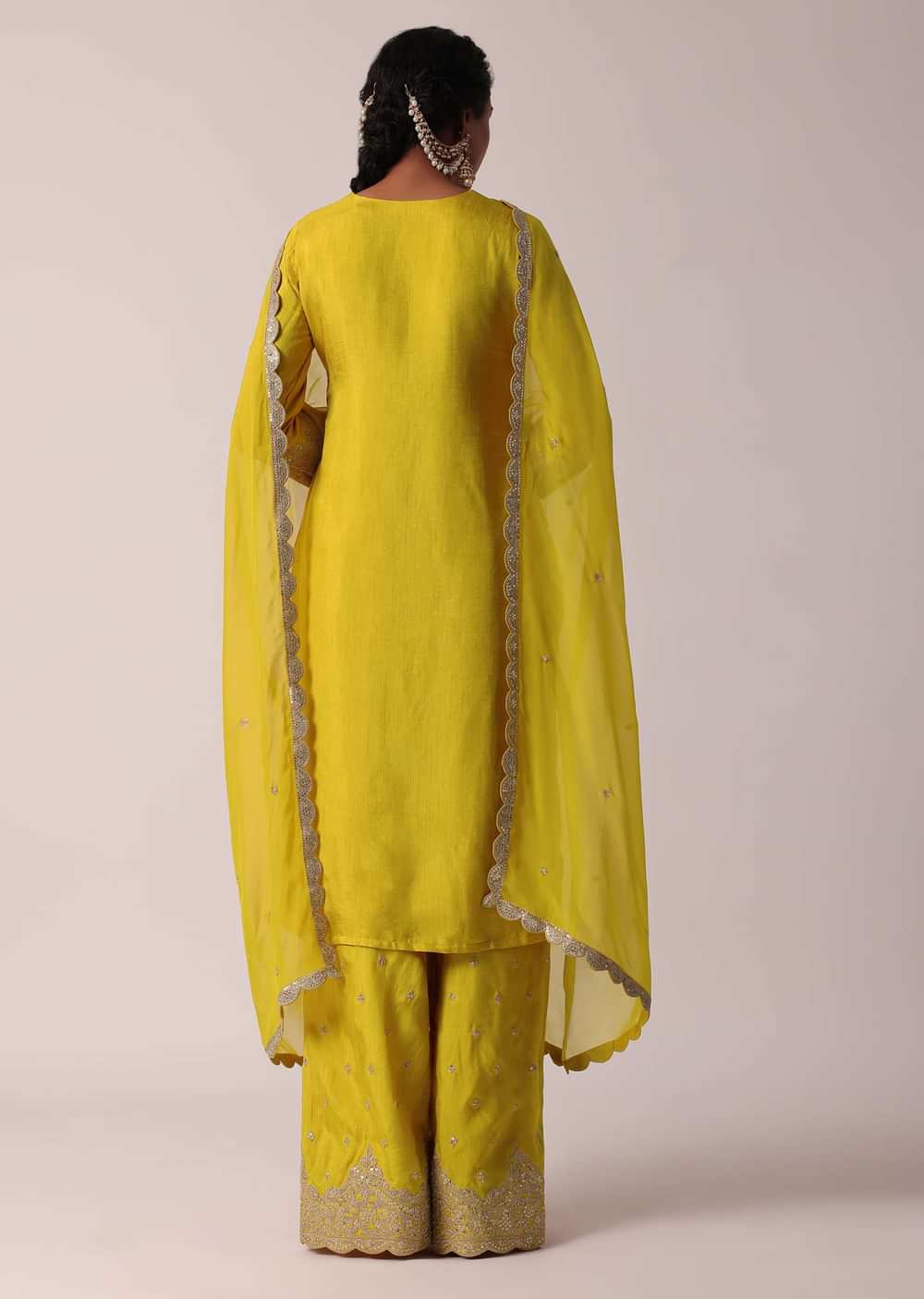 Yellow Silk Embroidered Palazzo Set With Organza Dupatta