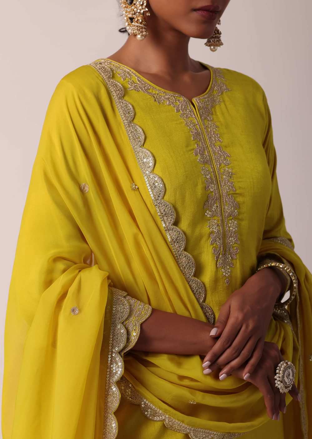 Yellow Silk Embroidered Palazzo Set With Organza Dupatta