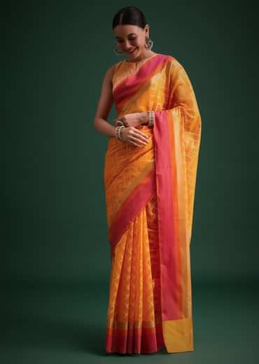 Yellow Silk Handloom Saree With Jaal Woven Work