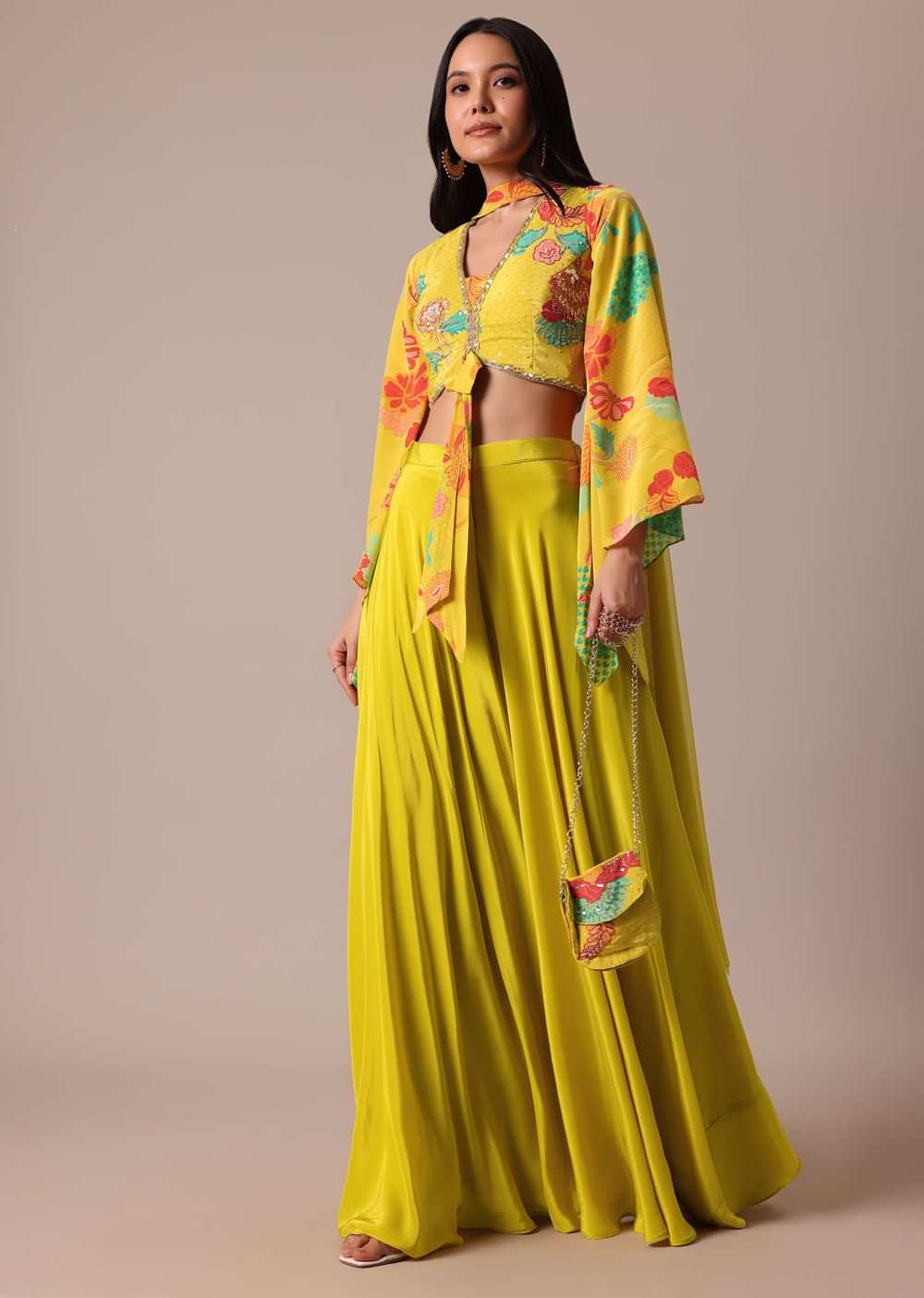 Yellow Silk Indo Fusion Set With Sling Bag