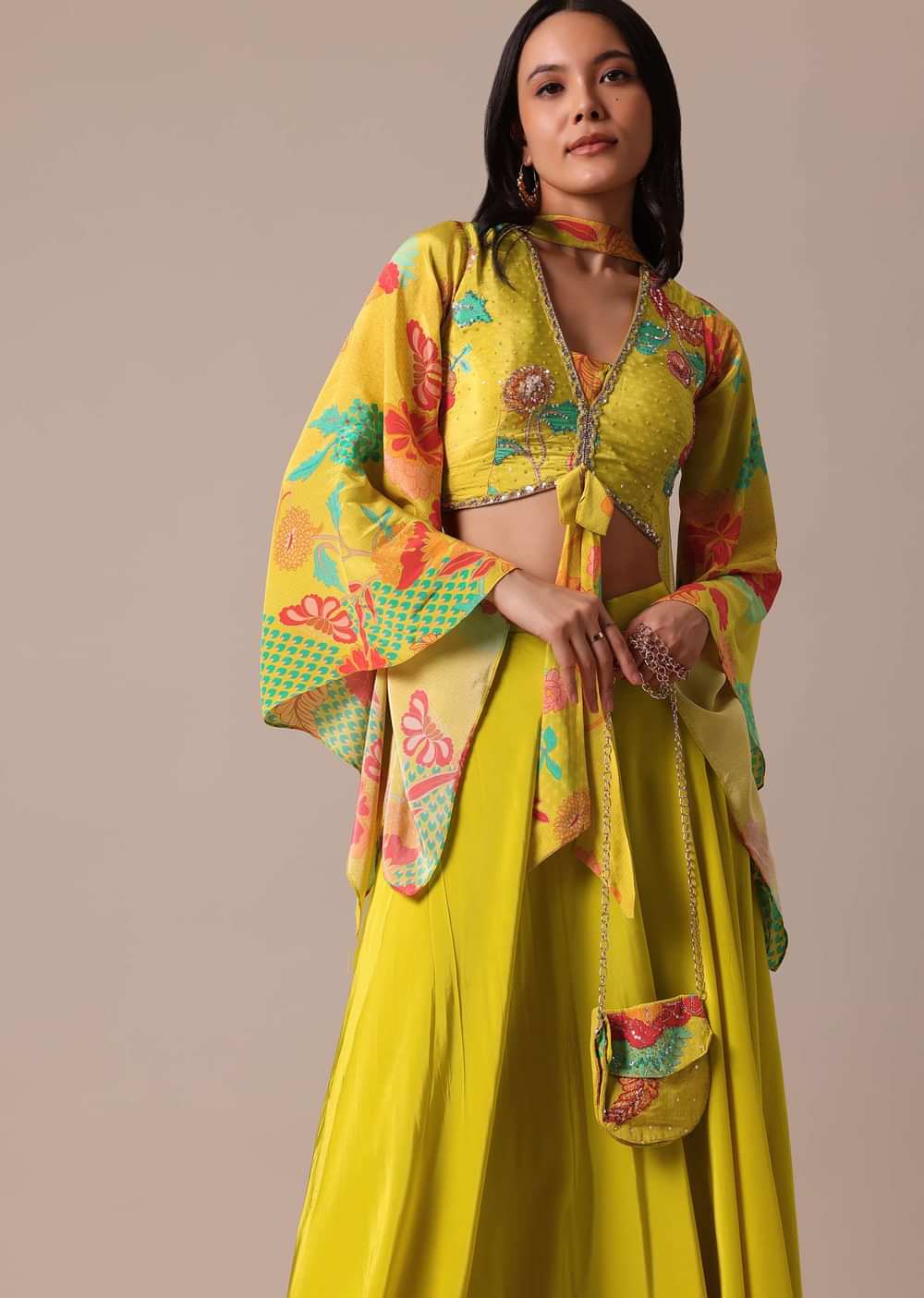 Yellow Silk Indo Fusion Set With Sling Bag