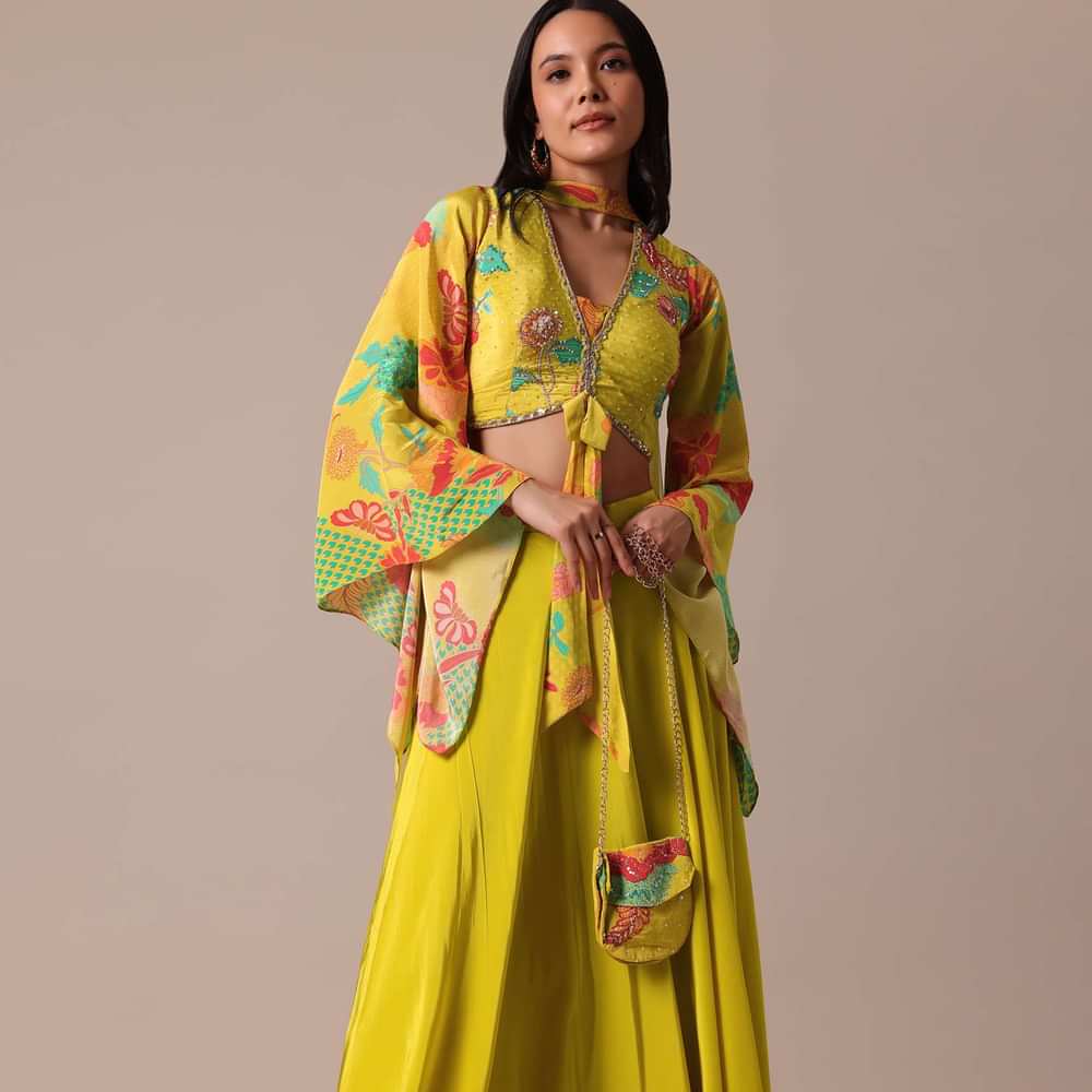 Yellow Silk Indo Fusion Set With Sling Bag