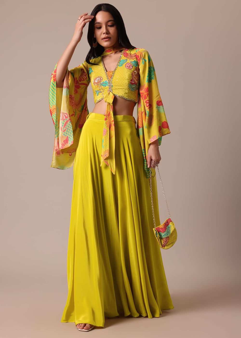 Yellow Silk Indo Fusion Set With Sling Bag