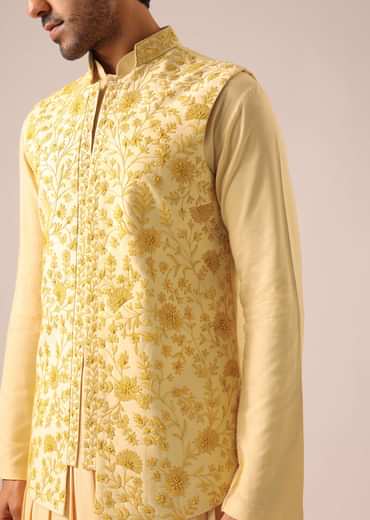 Yellow Silk Jacket And Cowl Draped Kurta Set