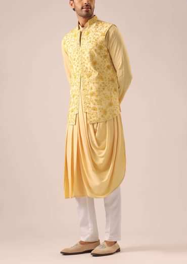 Yellow Silk Jacket And Cowl Draped Kurta Set