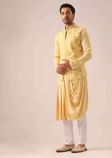 Yellow Silk Jacket And Cowl Draped Kurta Set