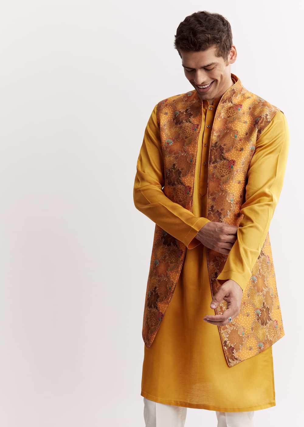 Yellow Silk Jacket Kurta Set With Floral Printed Motifs