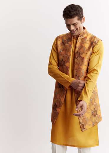 Yellow Silk Jacket Kurta Set With Floral Printed Motifs