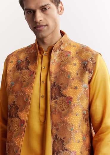 Yellow Silk Jacket Kurta Set With Floral Printed Motifs