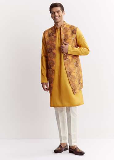 Yellow Silk Jacket Kurta Set With Floral Printed Motifs