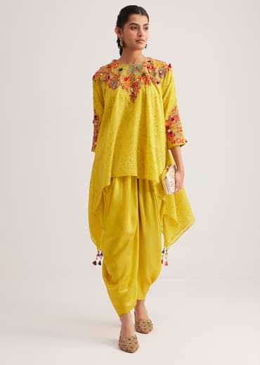 Yellow Silk Kurta Dhoti Set With Resham Embroidery And Tassel Details