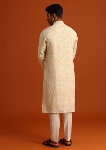 Yellow Silk Kurta Pant Set With Hand Work on Yoke