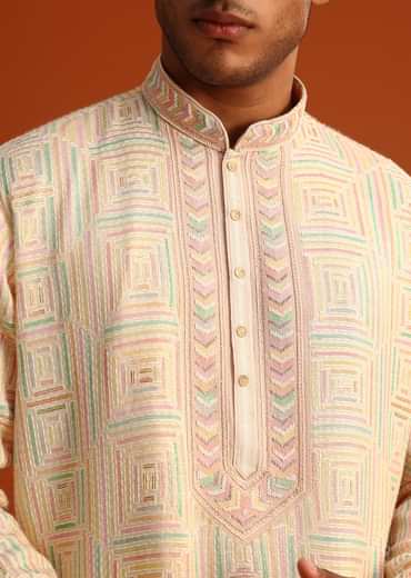 Yellow Silk Kurta Pant Set With Hand Work on Yoke