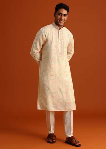 Yellow Silk Kurta Pant Set With Hand Work on Yoke