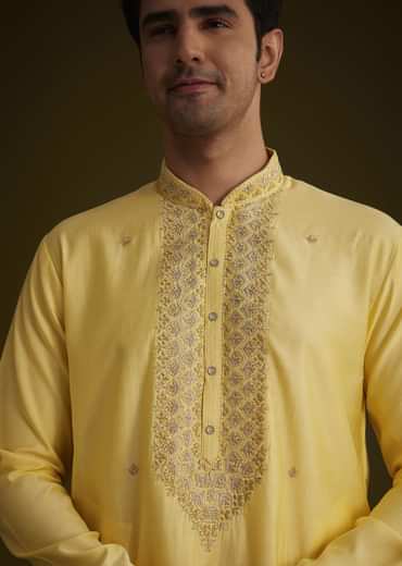 Yellow Silk Kurta Set With Resham Embroidery