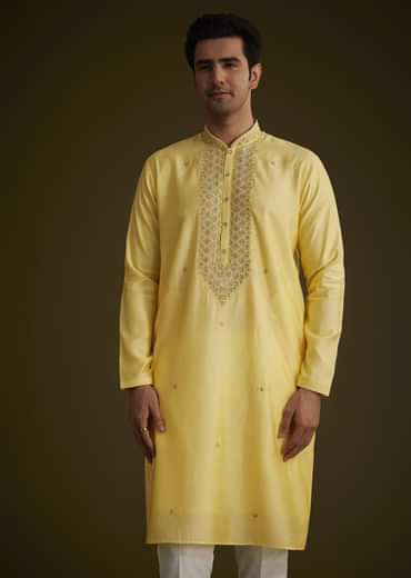 Yellow Silk Kurta Set With Resham Embroidery