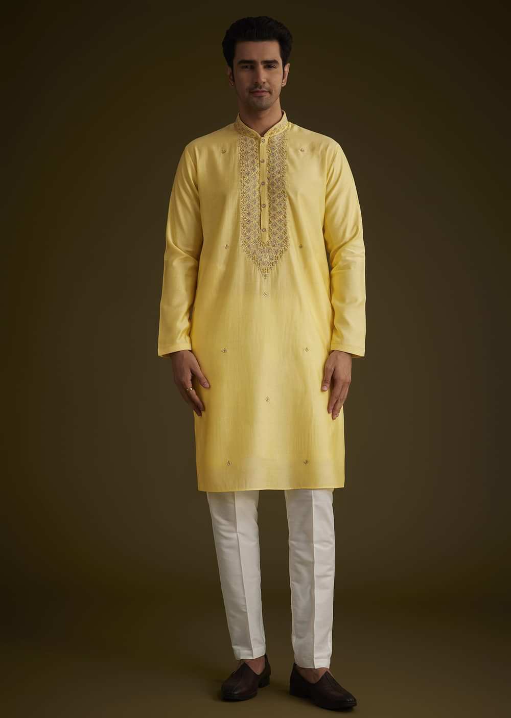 Yellow Silk Kurta Set With Resham Embroidery