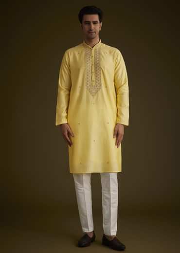 Yellow Silk Kurta Set With Resham Embroidery