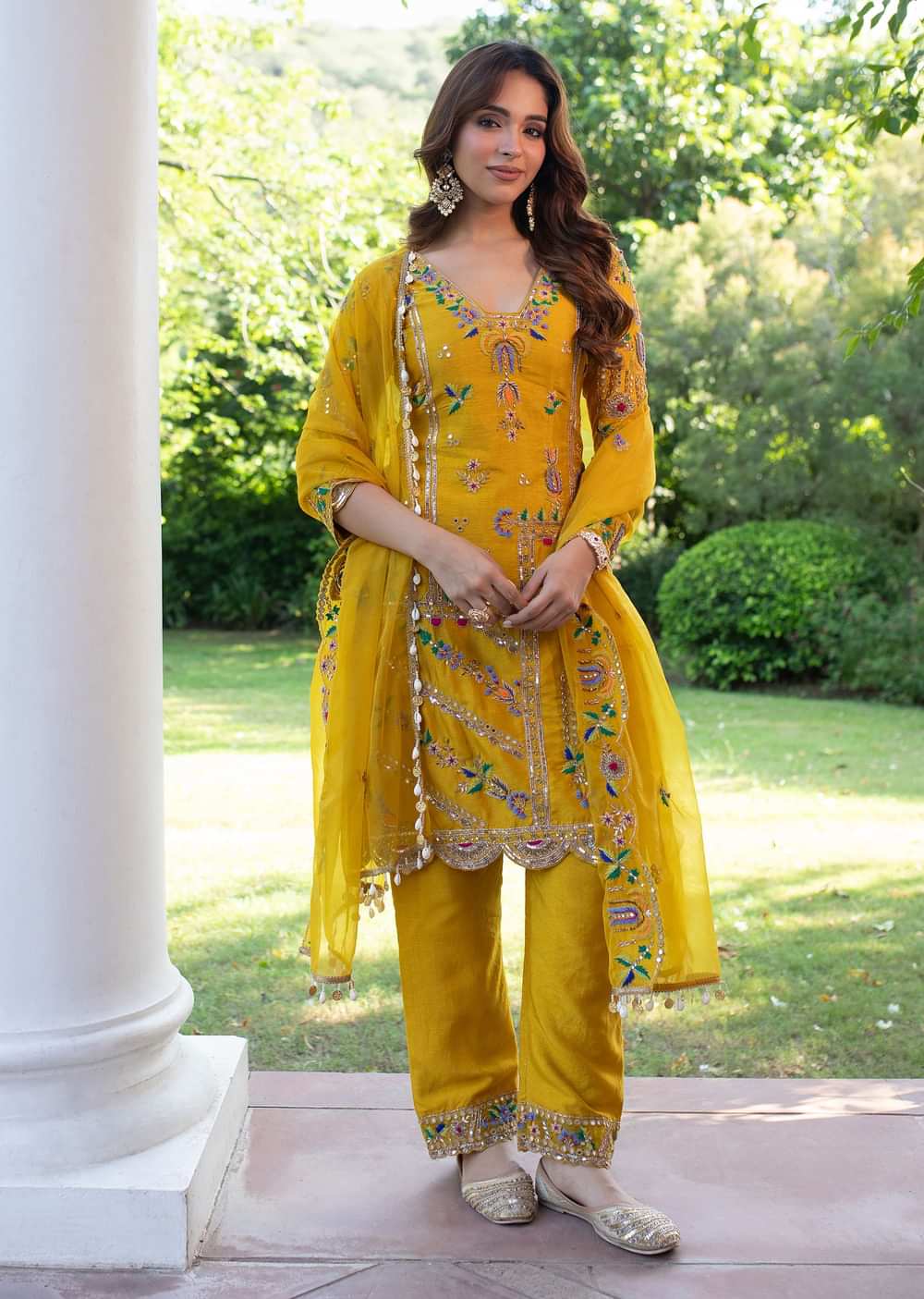 Yellow Silk Kurta Set With Shell Hangings And Mirror Work