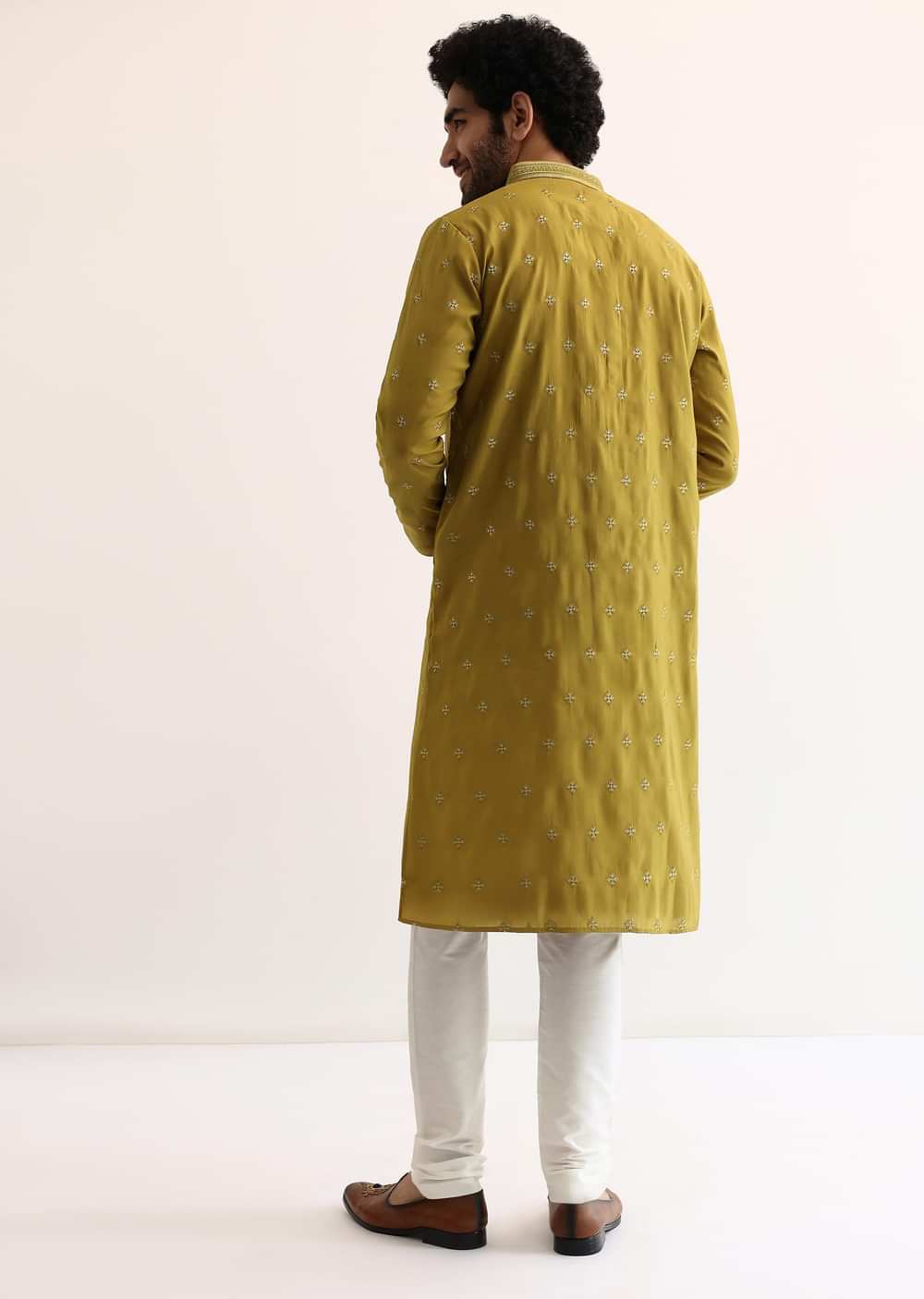 Yellow Silk Mirror Embroidered Kurta Set For Men