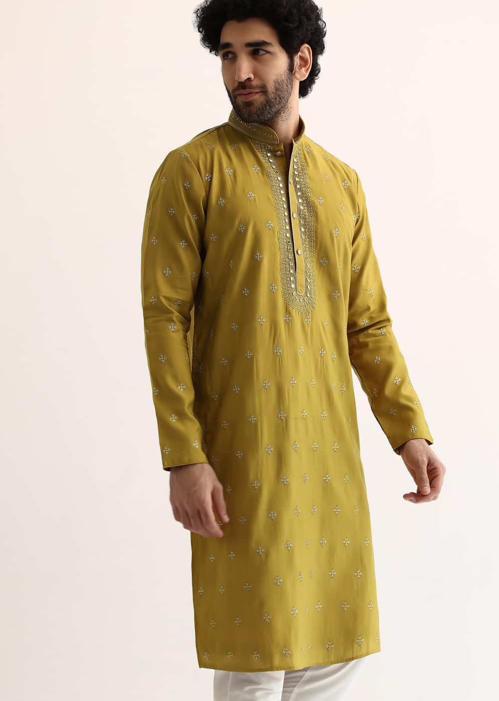 Yellow Silk Mirror Embroidered Kurta Set For Men