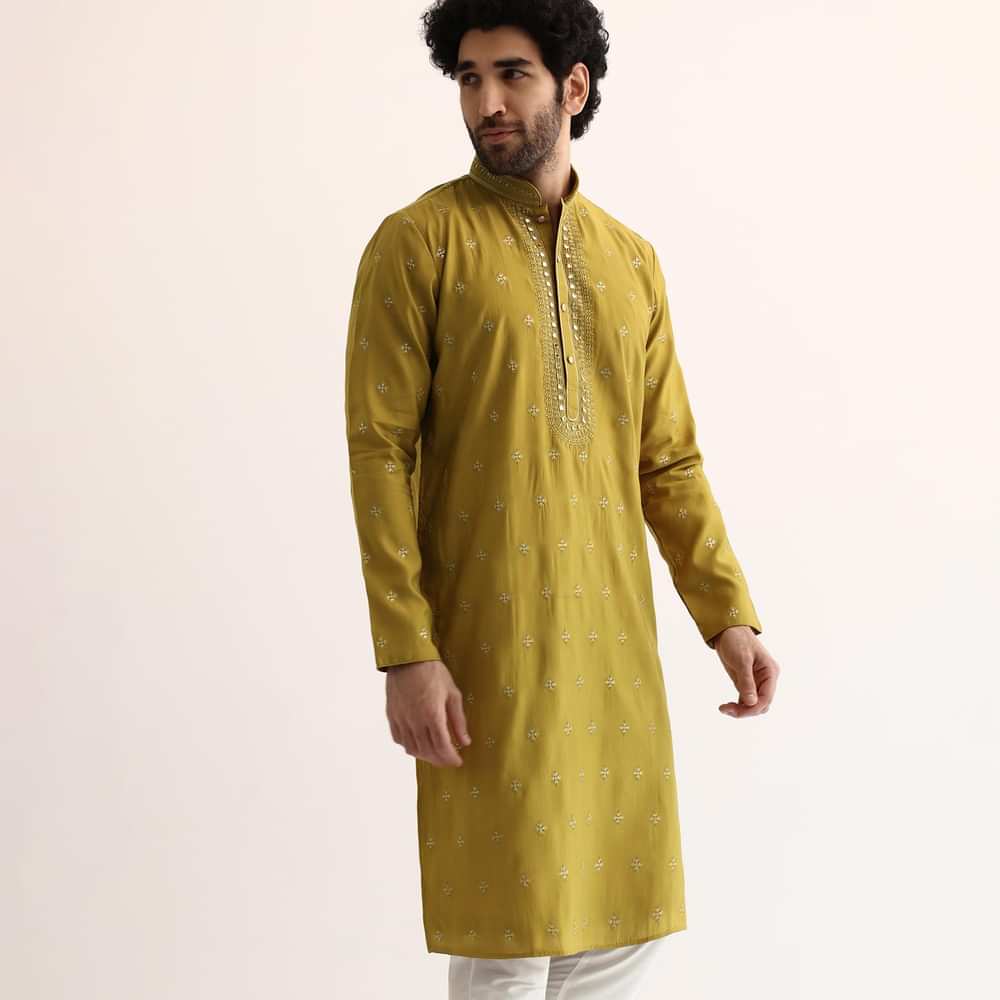Yellow Silk Mirror Embroidered Kurta Set For Men