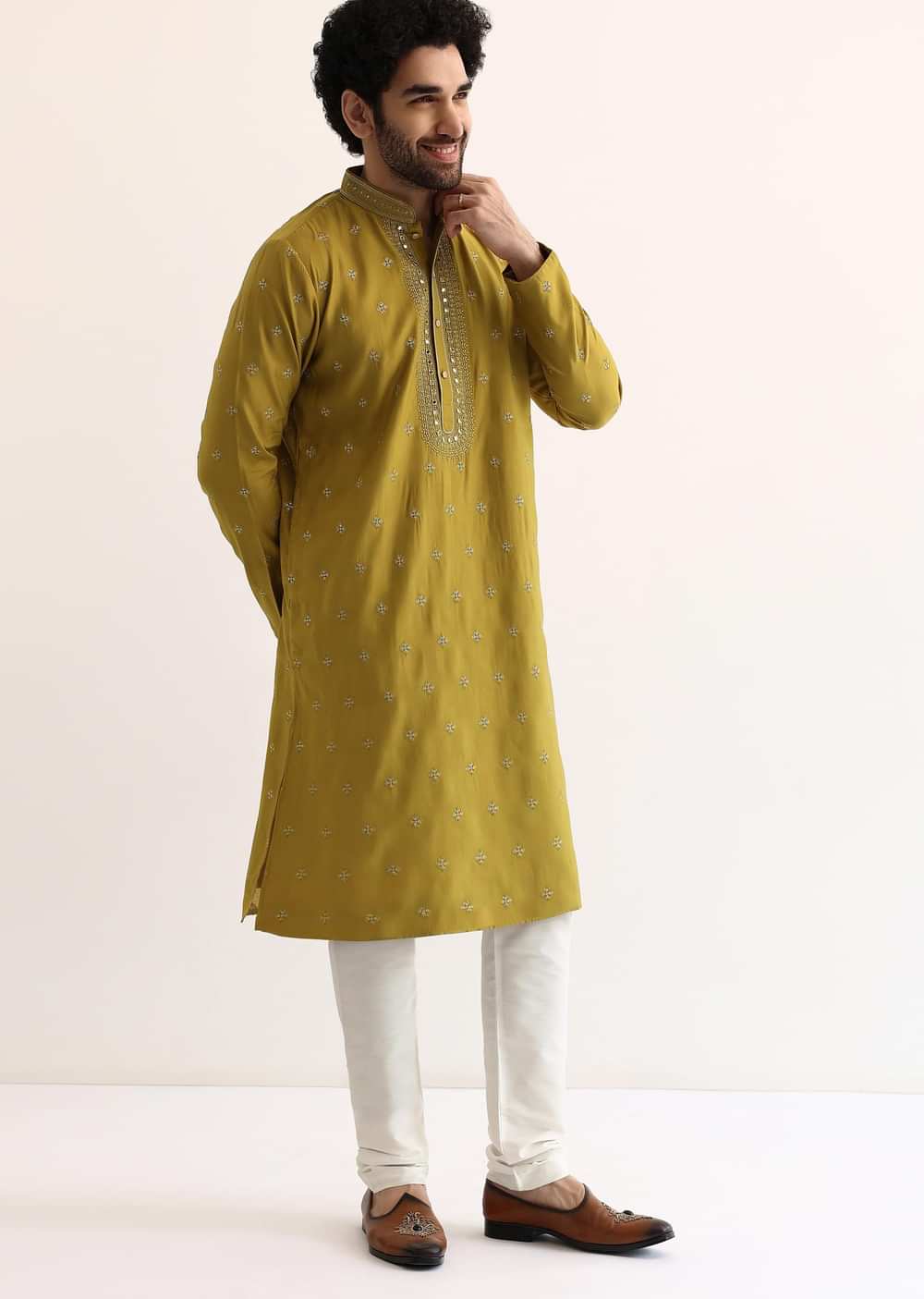 Yellow Silk Mirror Embroidered Kurta Set For Men