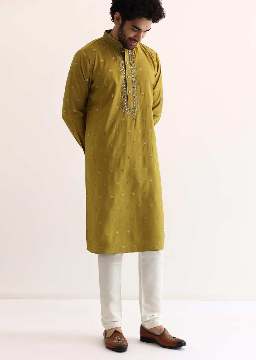 Yellow Silk Mirror Embroidered Kurta Set For Men