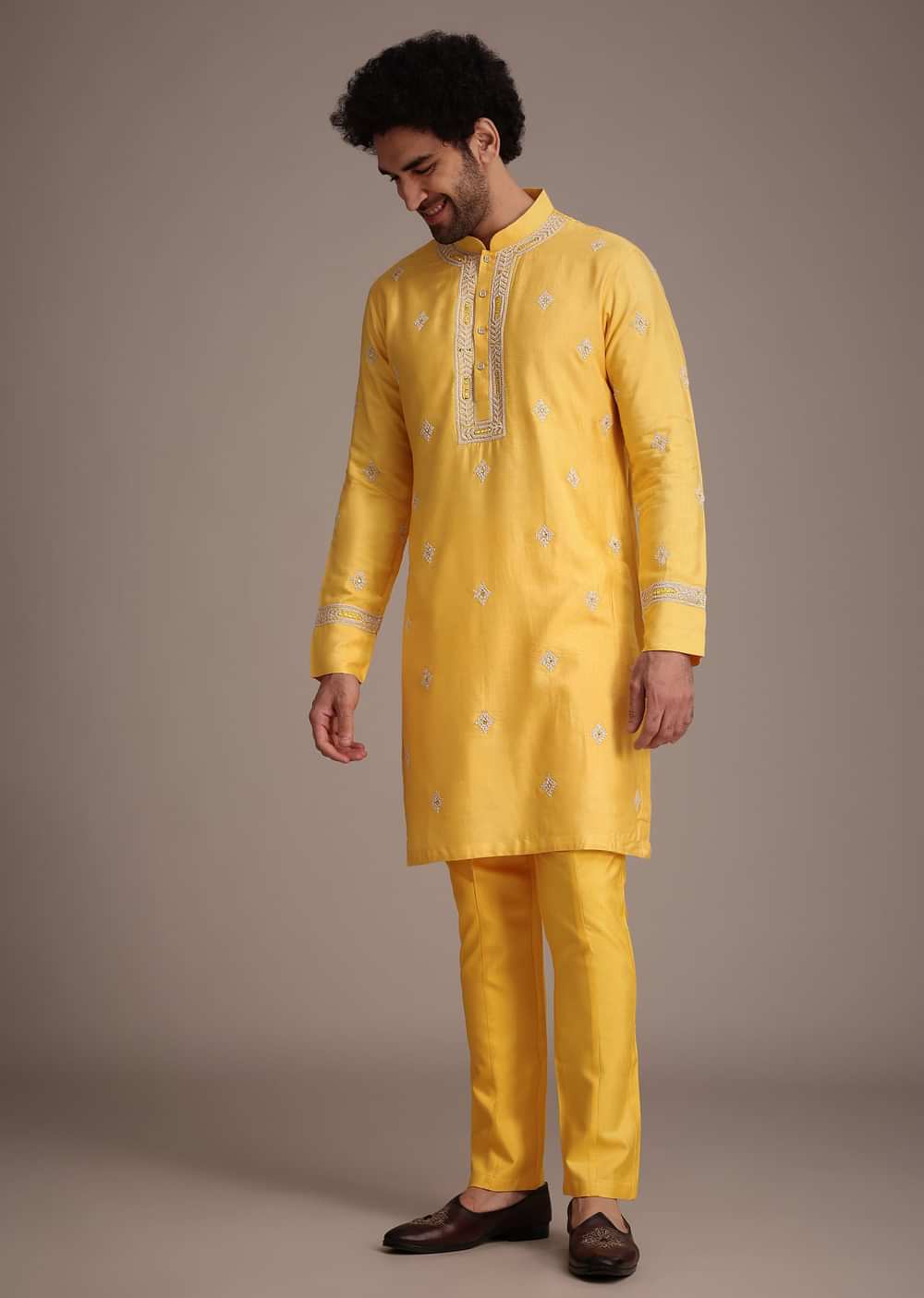 Yellow Silk Mirror Embroidered Kurta Jacket Set