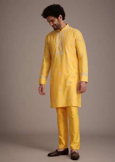 Yellow Silk Mirror Embroidered Kurta Jacket Set