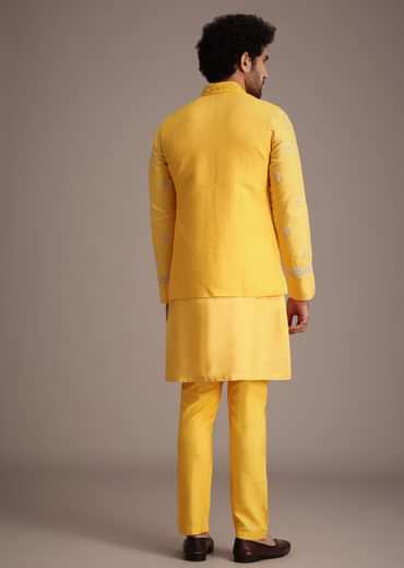 Yellow Silk Mirror Embroidered Kurta Jacket Set
