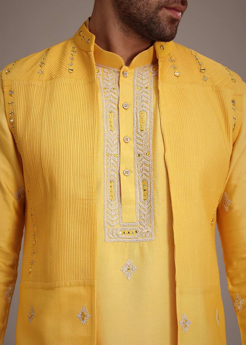 Yellow Silk Mirror Embroidered Kurta Jacket Set