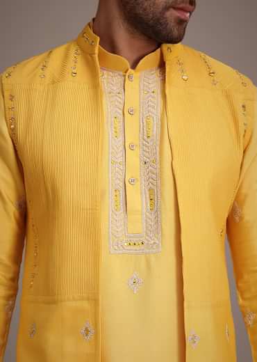 Yellow Silk Mirror Embroidered Kurta Jacket Set