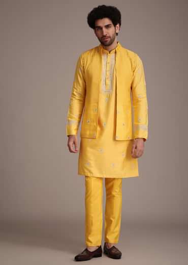 Yellow Silk Mirror Embroidered Kurta Jacket Set