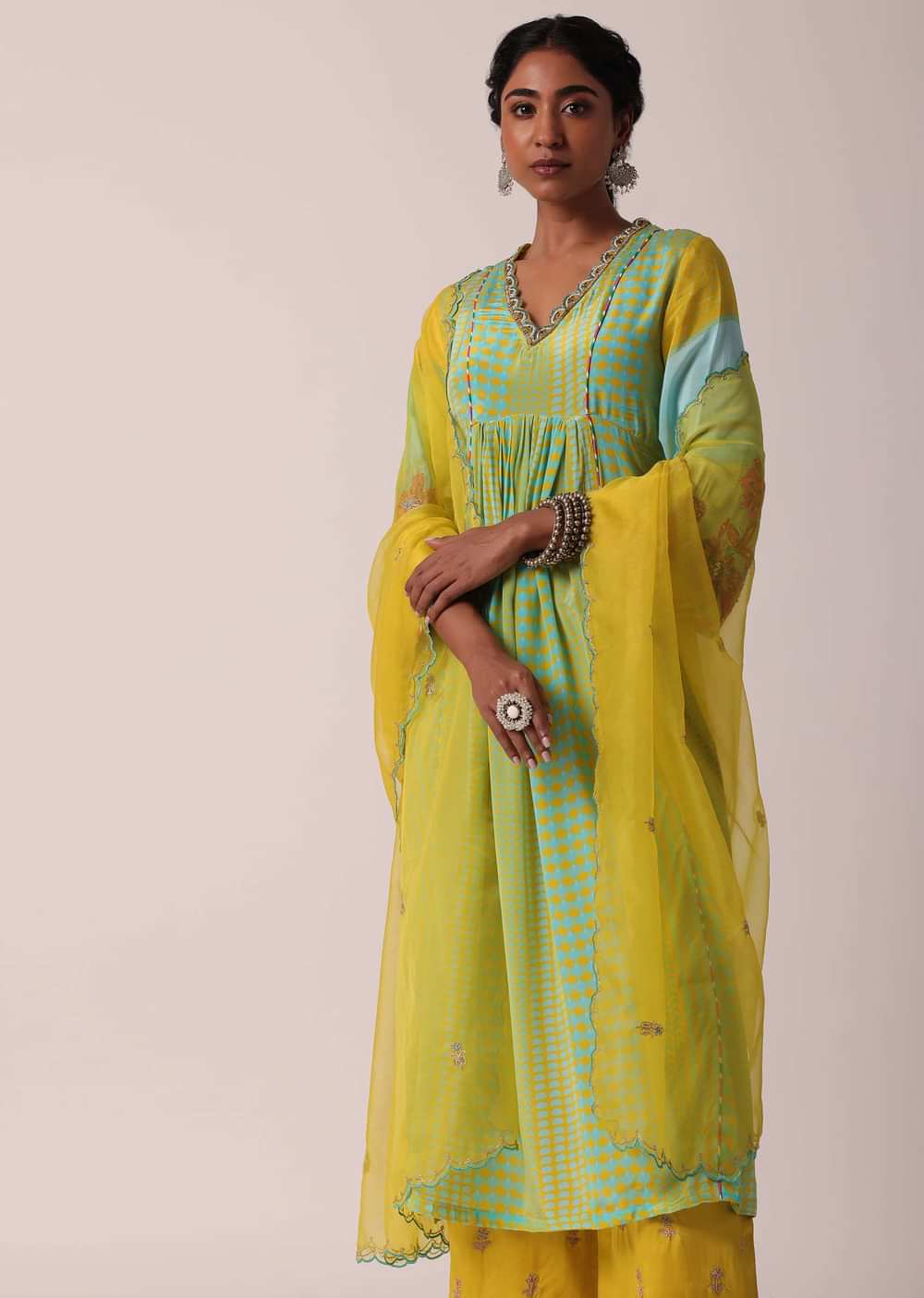 Yellow Silk Palazzo Set With Printed Kurta