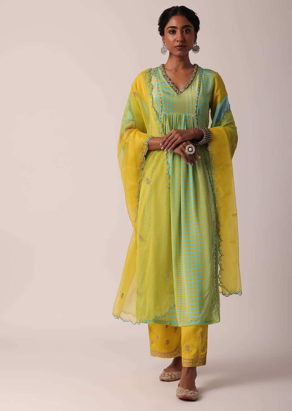 Yellow Silk Palazzo Set With Printed Kurta