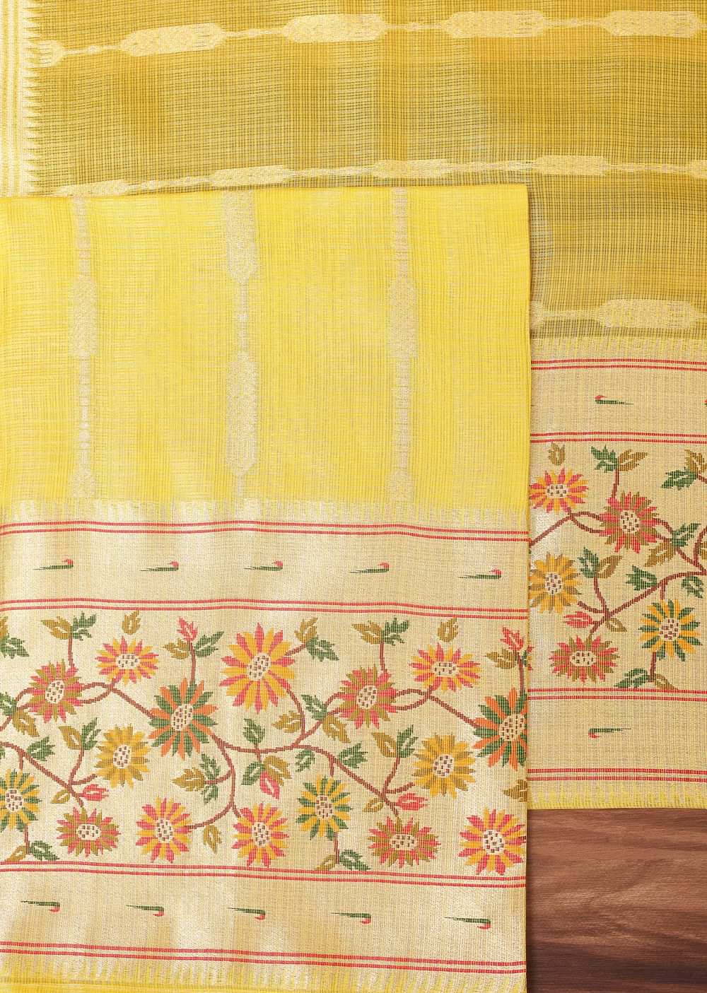 Yellow Silk Pathani Woven Dress Material