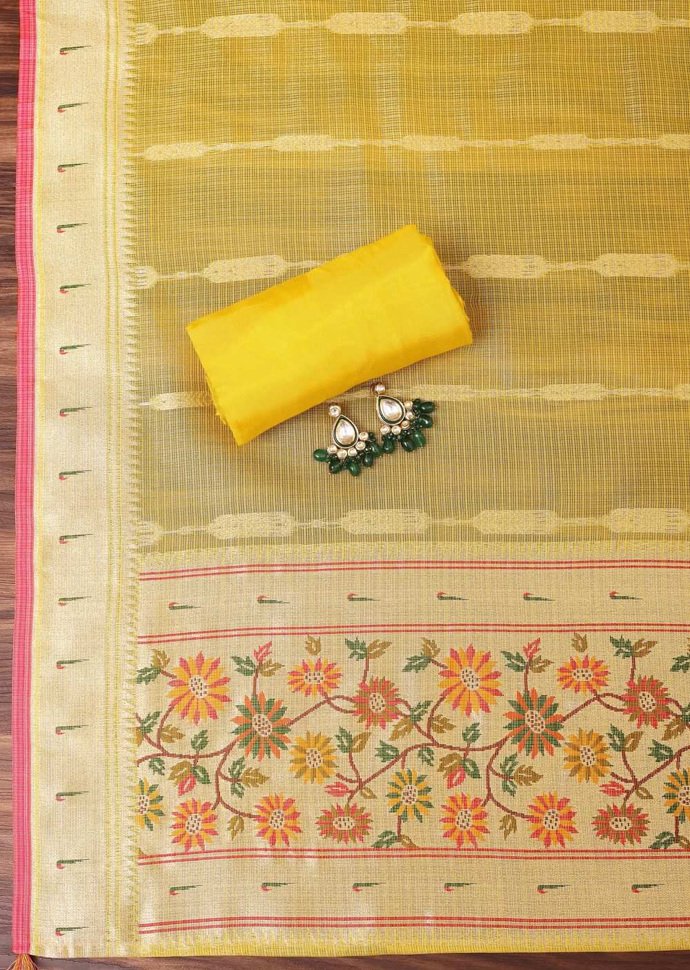 Yellow Silk Pathani Woven Dress Material