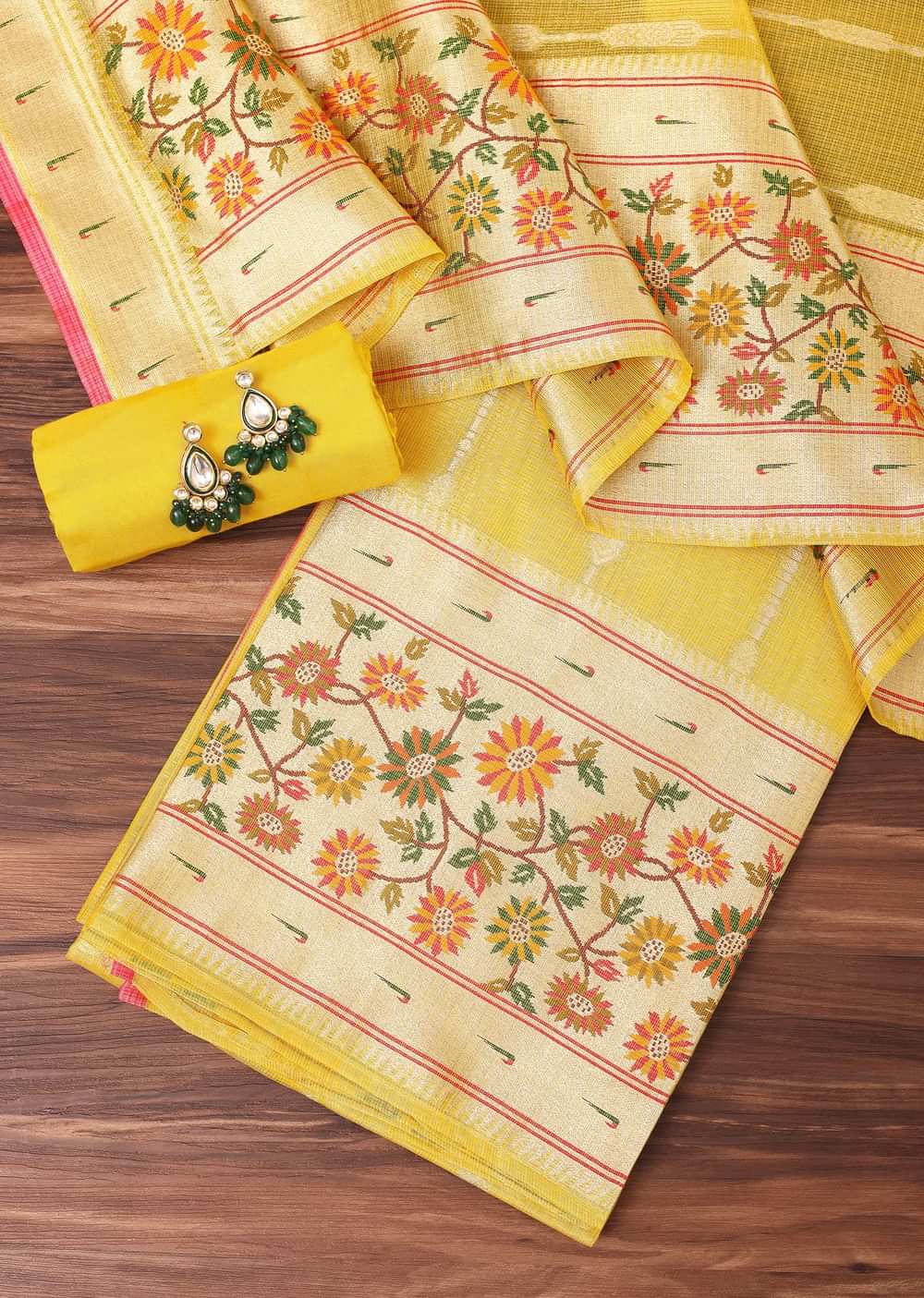 Yellow Silk Pathani Woven Dress Material
