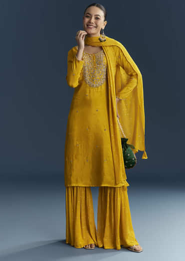 Yellow Silk Sharara Suit With Zardosi And Sequins Embroidery