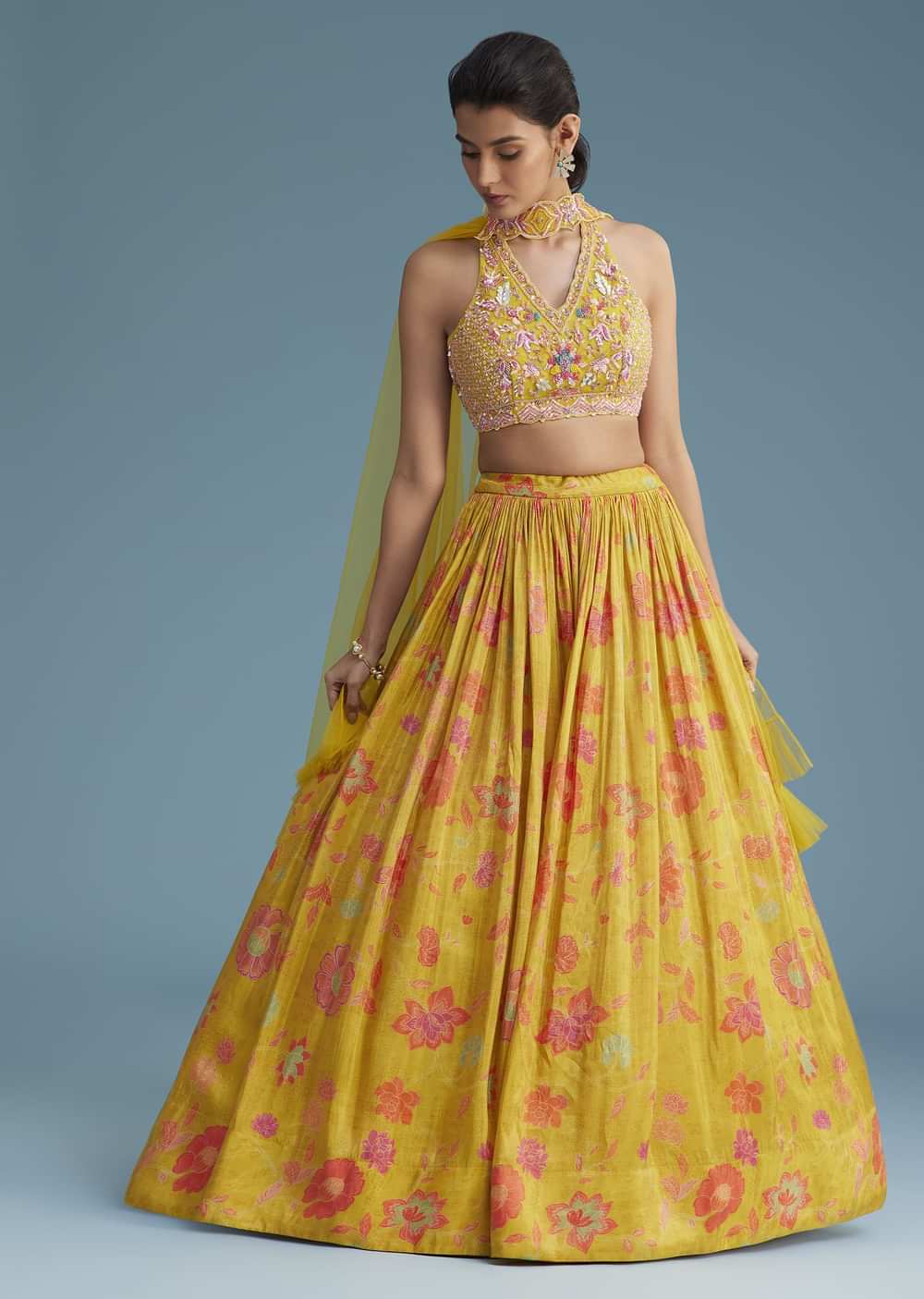 Yellow Tissue Silk Lehenga Set With Floral Print And Embroidery