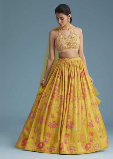 Yellow Tissue Silk Lehenga Set With Floral Print And Embroidery