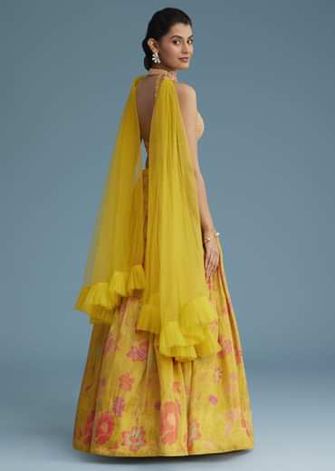 Yellow Tissue Silk Lehenga Set With Floral Print And Embroidery