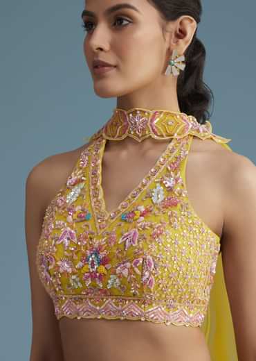 Yellow Tissue Silk Lehenga Set With Floral Print And Embroidery