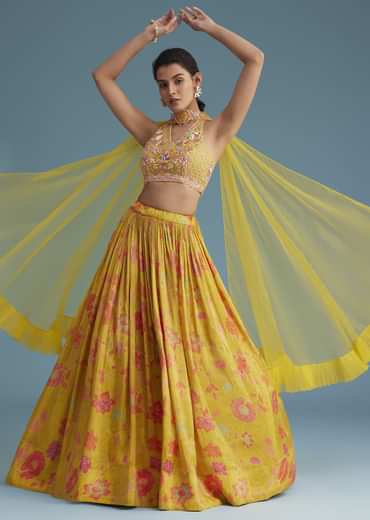 Yellow Tissue Silk Lehenga Set With Floral Print And Embroidery
