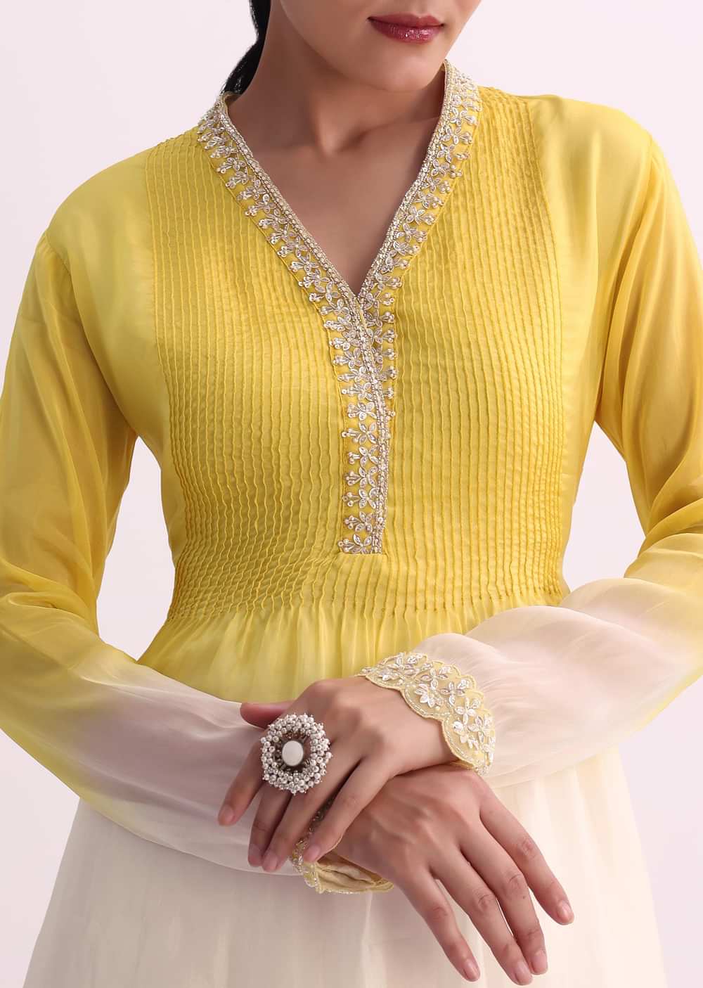 Yellow White Two Toned Embroidered Kurti Pant Set